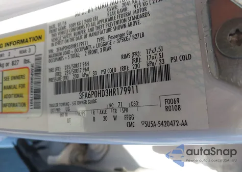 2017 Ford Fusion Se из США, поврежденный, VIN 3FA6P0HD3HR179911